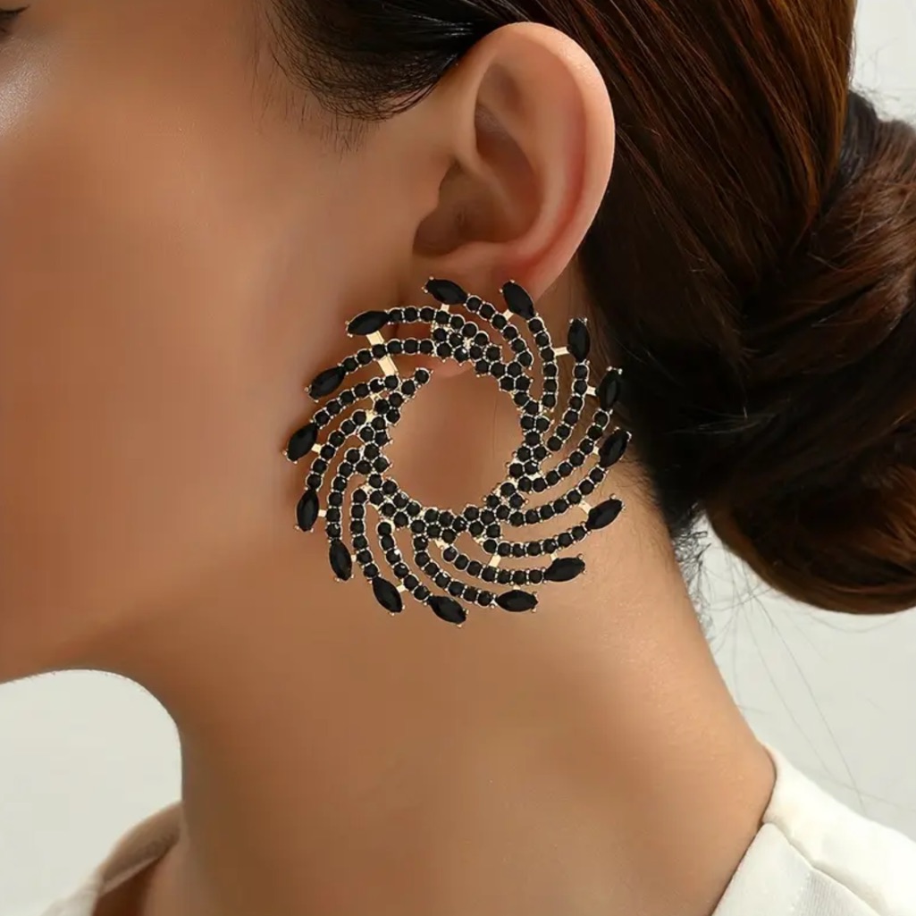 Goldtone Black Crystal Spiral Fanfare Earrings